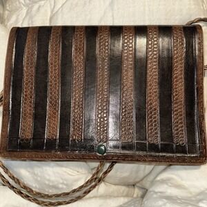 Cd Milano Striped Tooled Leather Clutch Bag Brown Snap Closure Braided Strap‎